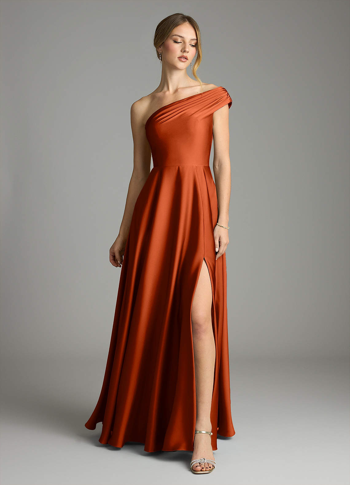 Melanie A-Line One-Shoulder Stretch Satin Bridesmaid Dress in Paprika