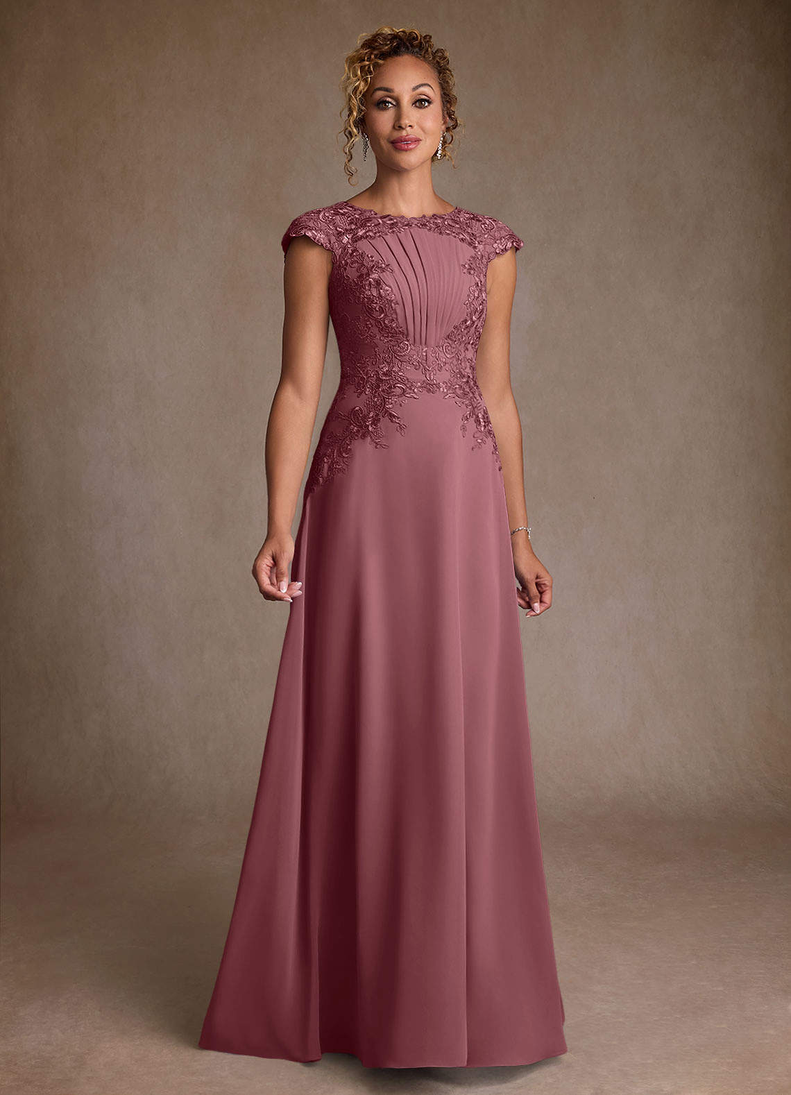Christi A-Line Scoop-Neck Chiffon and Lace Mother of the Bride Dress in Desert Rose