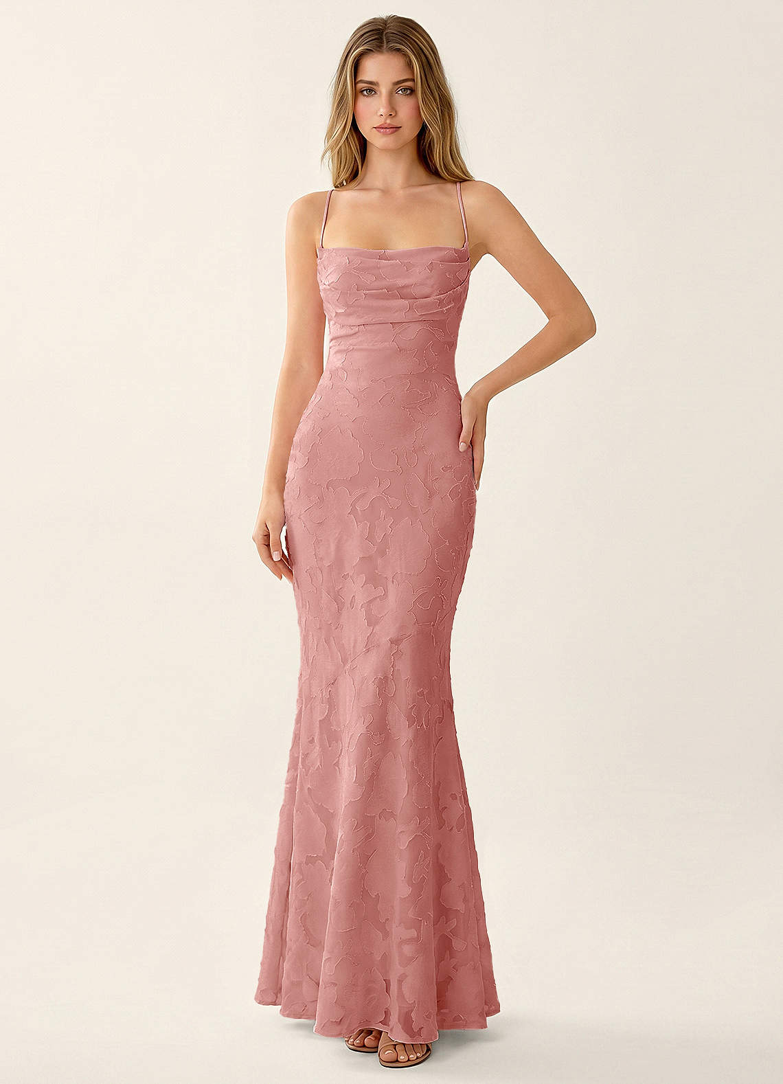 Natasha Mermaid Spaghetti-Strap Floral Burnout Evening Dress in Rosette