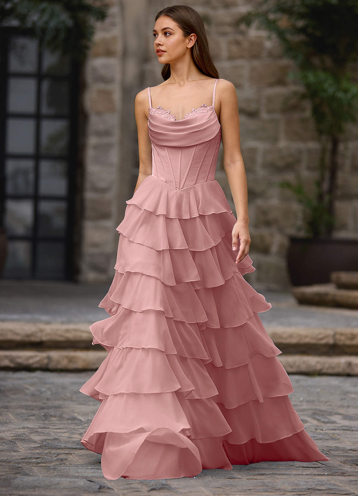 Floralace A-Line Ruffle Chiffon Evening Dress in Light Pink