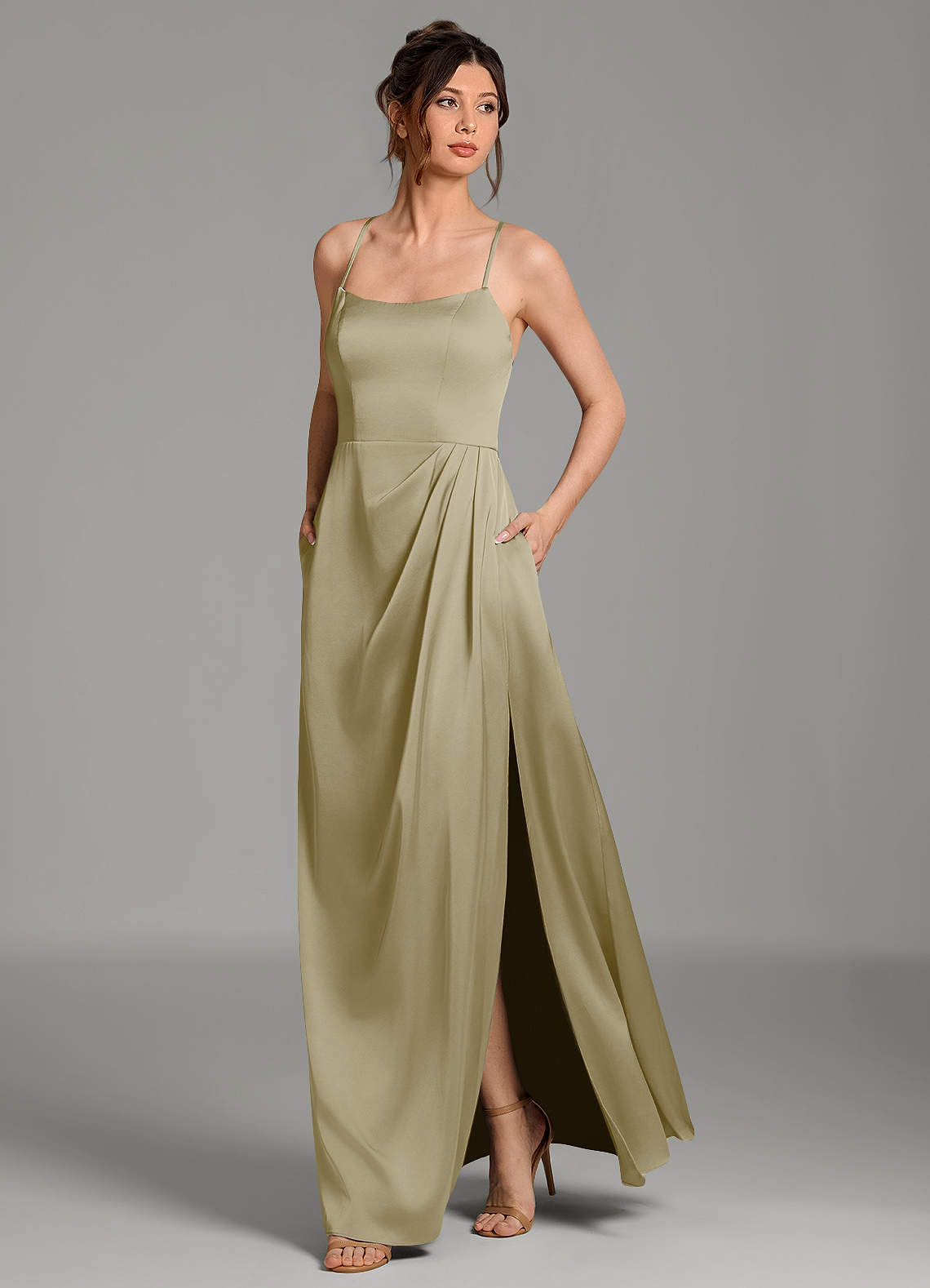 Frankie A-Line Scoop-Neck Stretch Satin Bridesmaid Dress in Moss Green