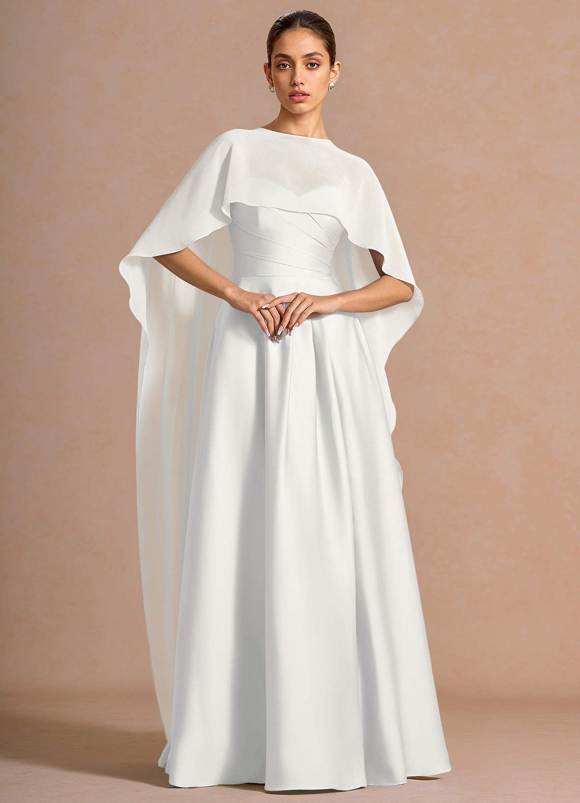 Nancy A-Line V-Neck Stretch Satin and Chiffon Evening Dress in White