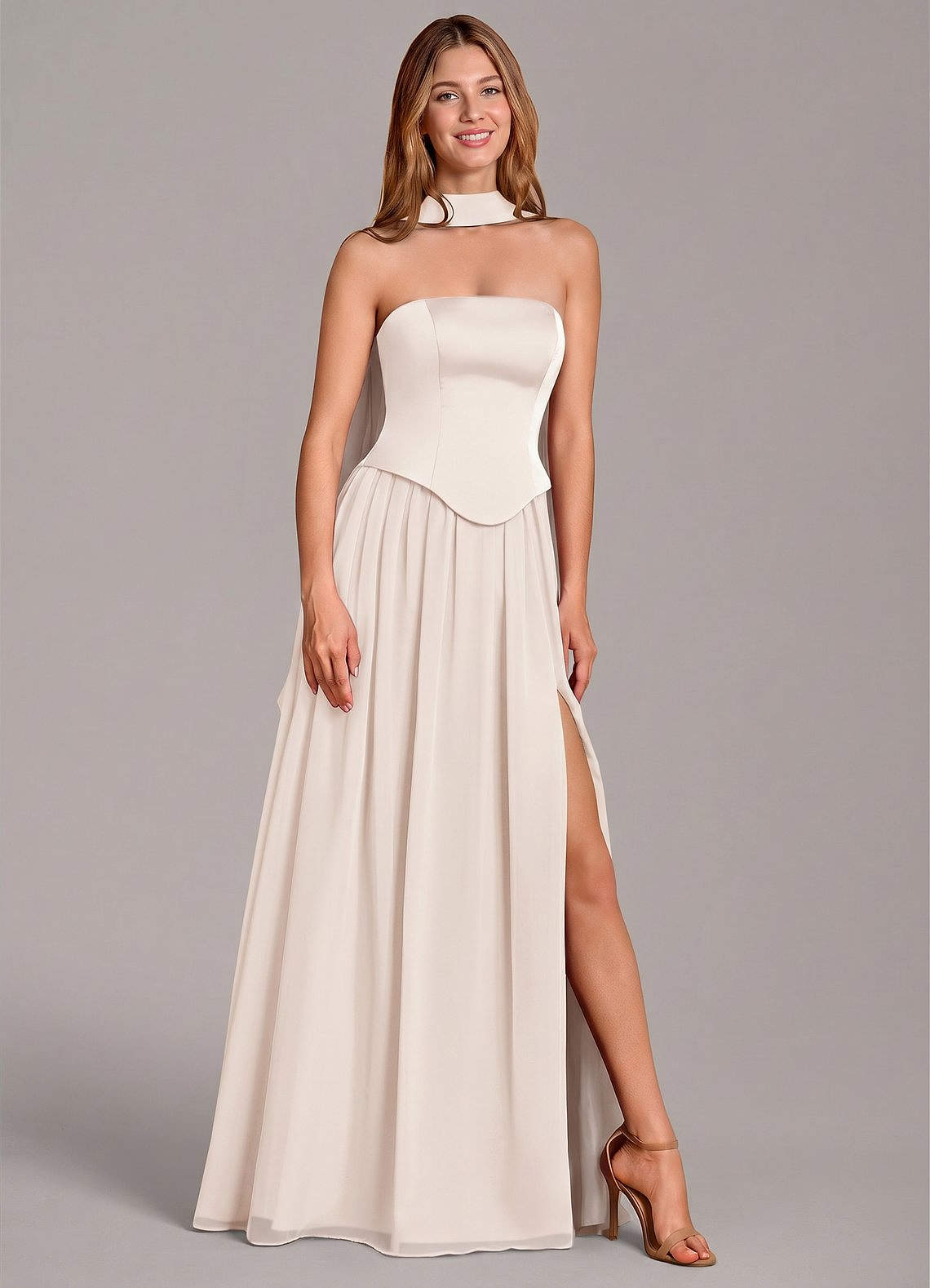 Cadence A-Line Strapless Chiffon and Stretch Satin Bridesmaid Dress in White Alabaster