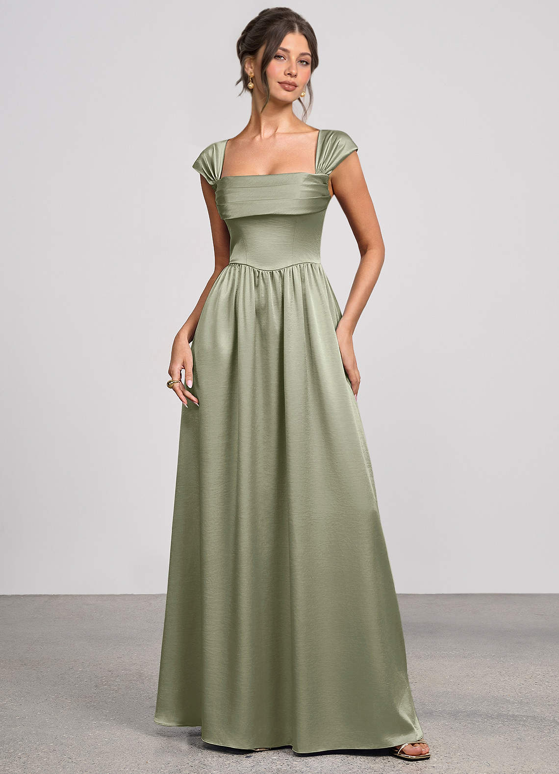 Odette A-Line Corset Luminous Satin Evening Dress in Dusty Sage