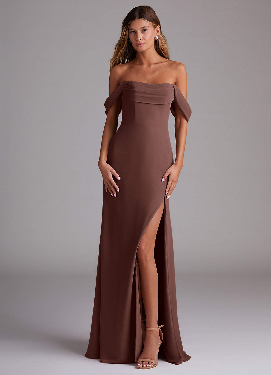 Saige A-Line Off-the-Shoulder Chiffon Bridesmaid Dress in Espresso