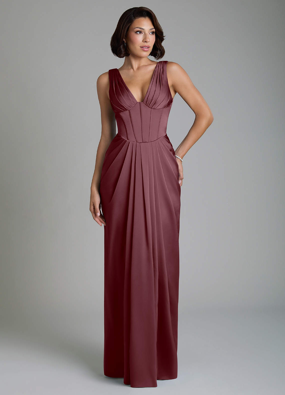 Vanya Sheath V-Neck Stretch Satin Bridesmaid Dress in Sangria
