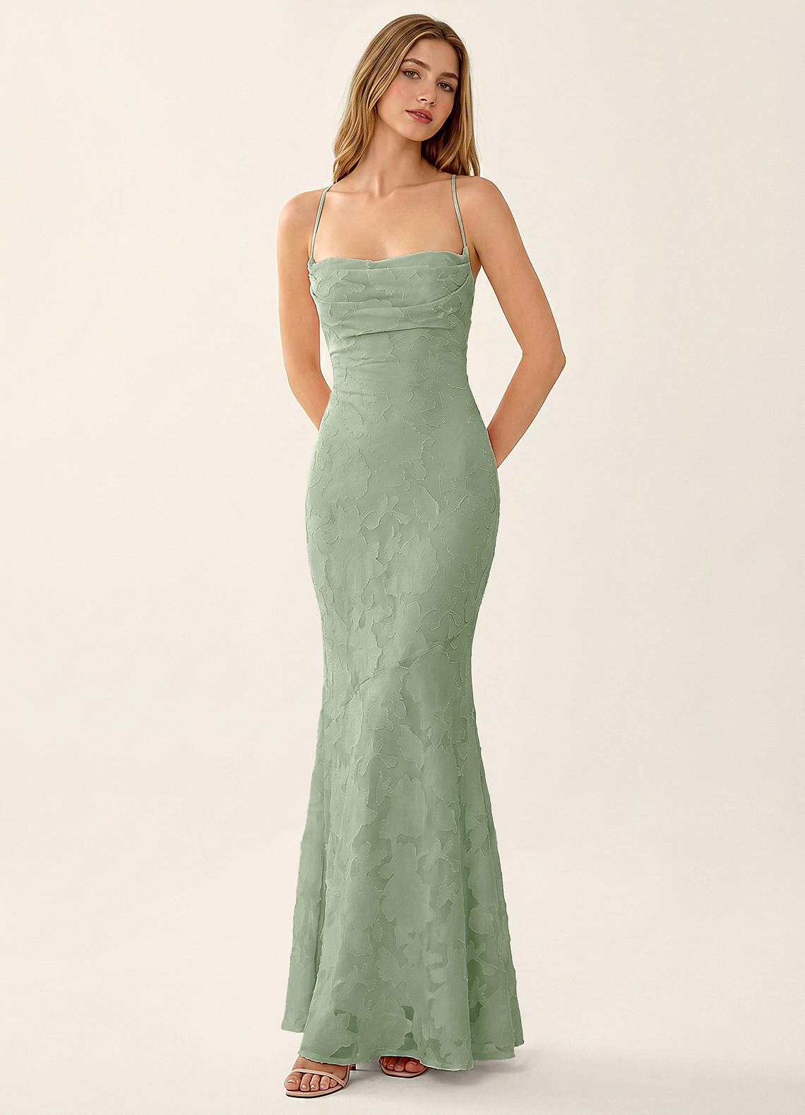 Natasha Mermaid Spaghetti-Strap Floral Burnout Evening Dress in Light Green