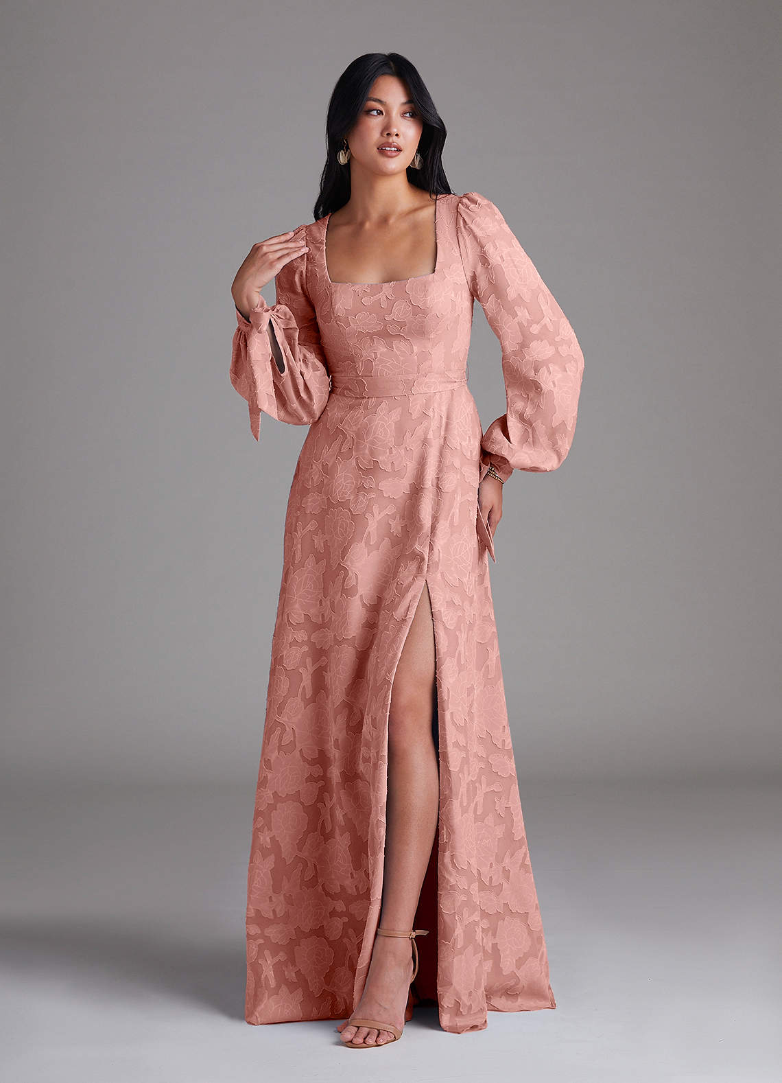 Leonia A-Line Square-Neck Stretch Satin Bridesmaid Dress in Rosette