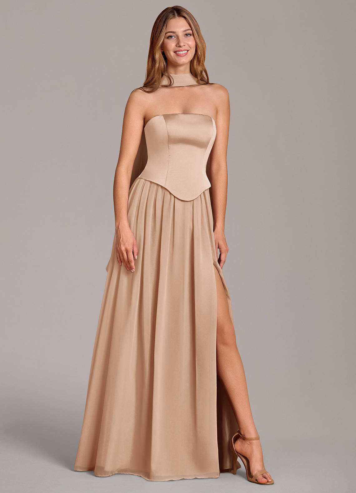 Cadence A-Line Strapless Chiffon and Stretch Satin Bridesmaid Dress in English Rose