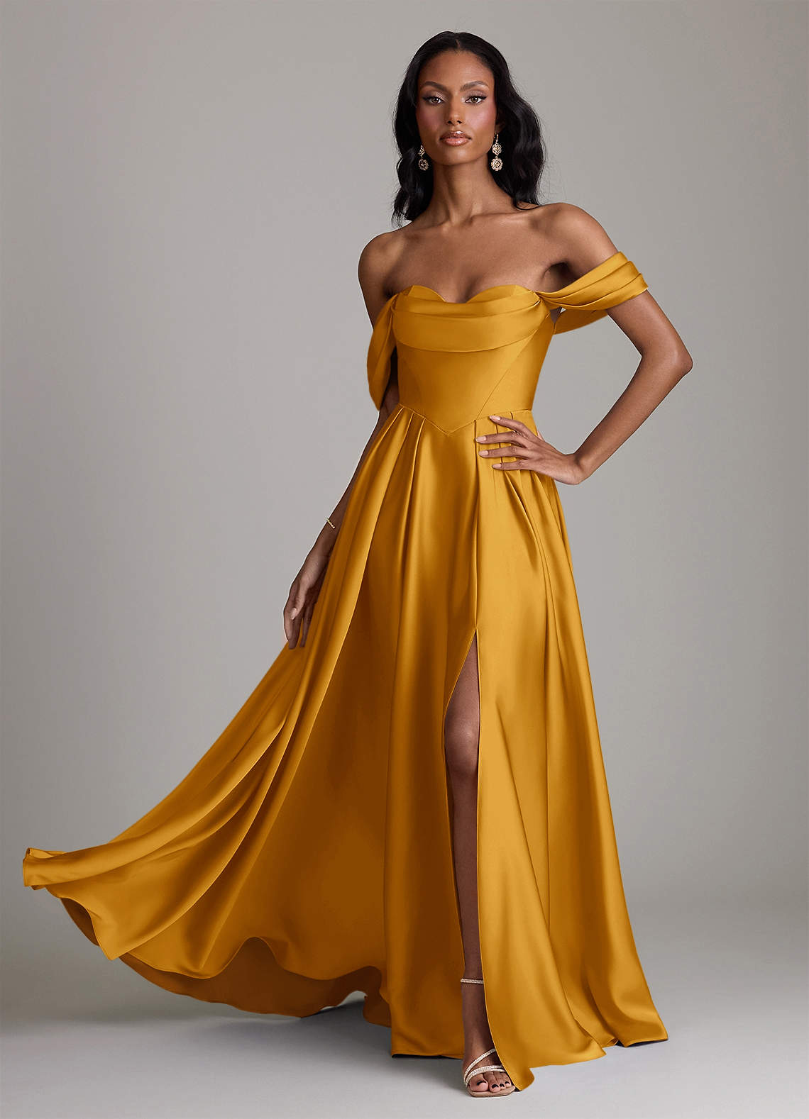 Loisa A-Line Off-the-Shoulder Stretch Satin Bridesmaid Dress in butterscotch