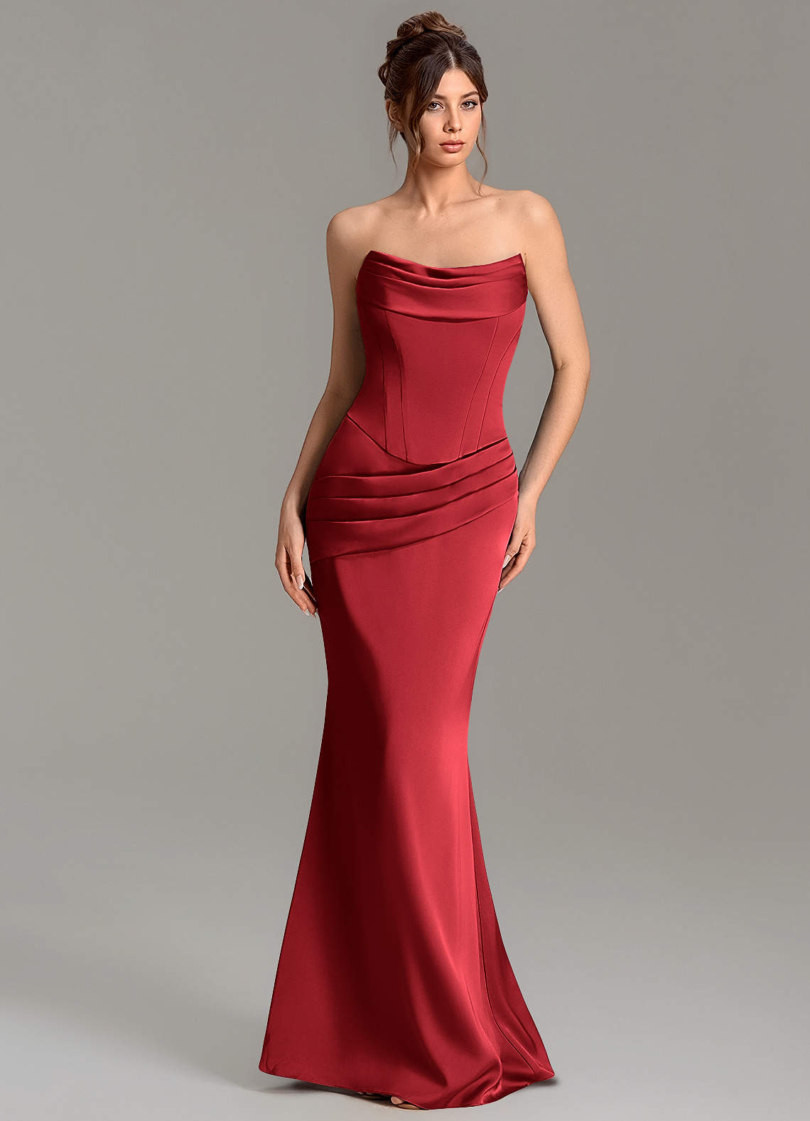 Adrienne Mermaid Cowl-Neck Stretch Satin Bridesmaid Dress in Scarlet