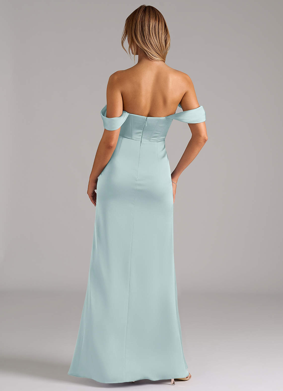 Johana Mermaid Off-the-Shoulder Stretch Satin Bridesmaid Dress in Mist