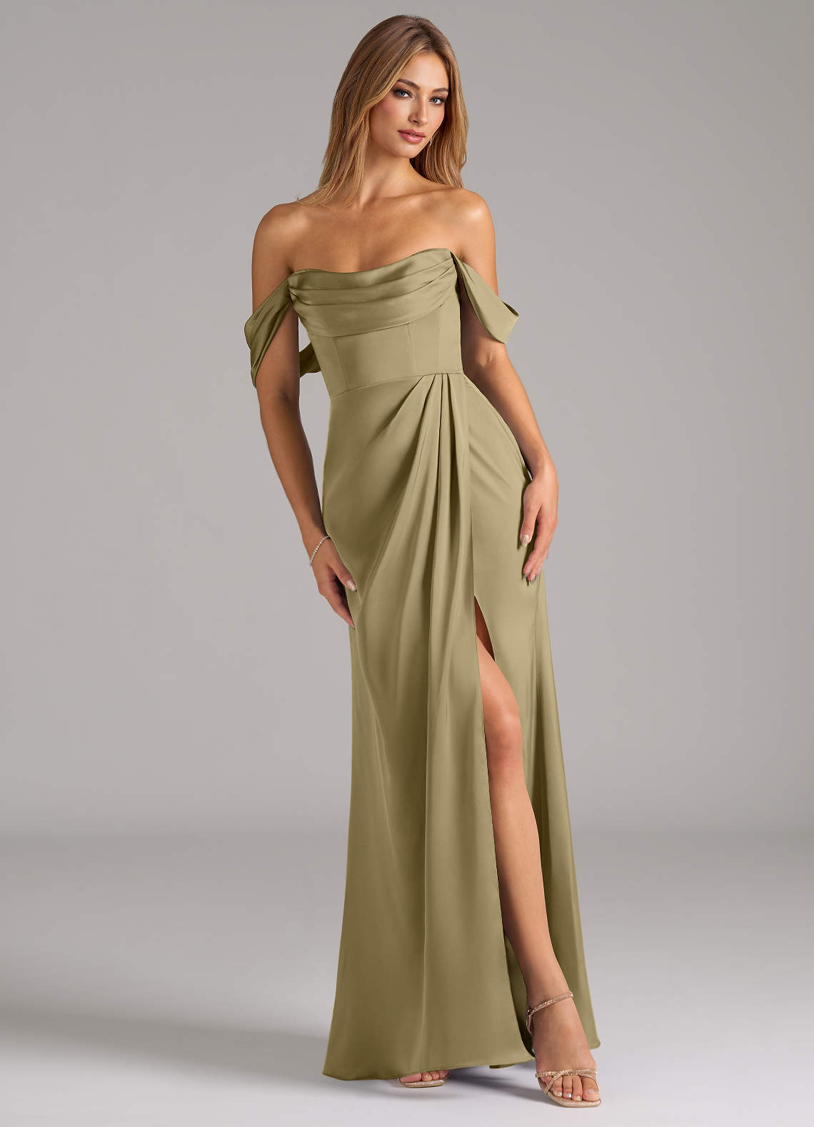 Johana Mermaid Off-the-Shoulder Stretch Satin Bridesmaid Dress in Moss Green