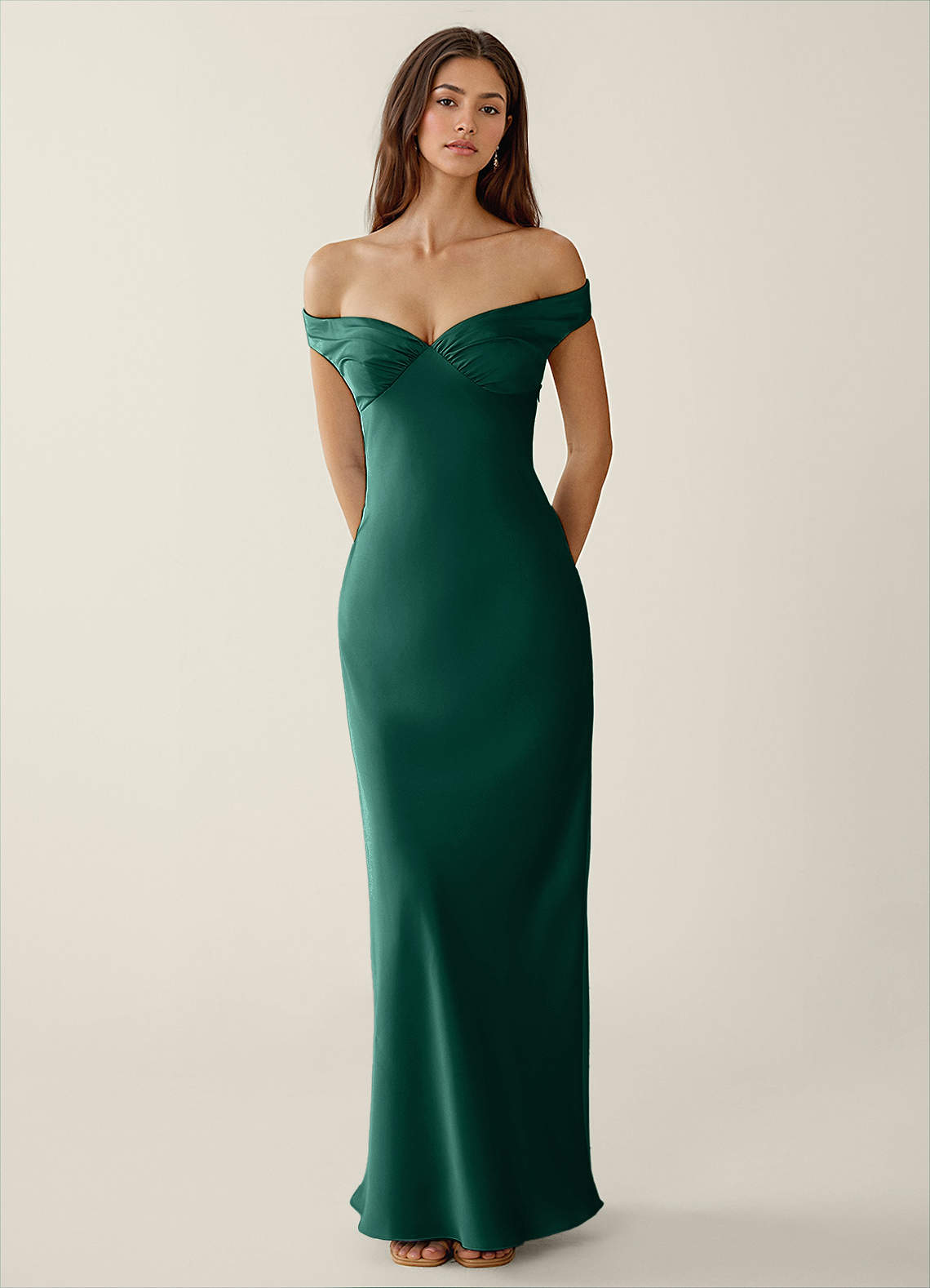 Gwendonme Sheath Off-the-Shoulder Satin Crystal Linen Evening Dress in Emerald Green