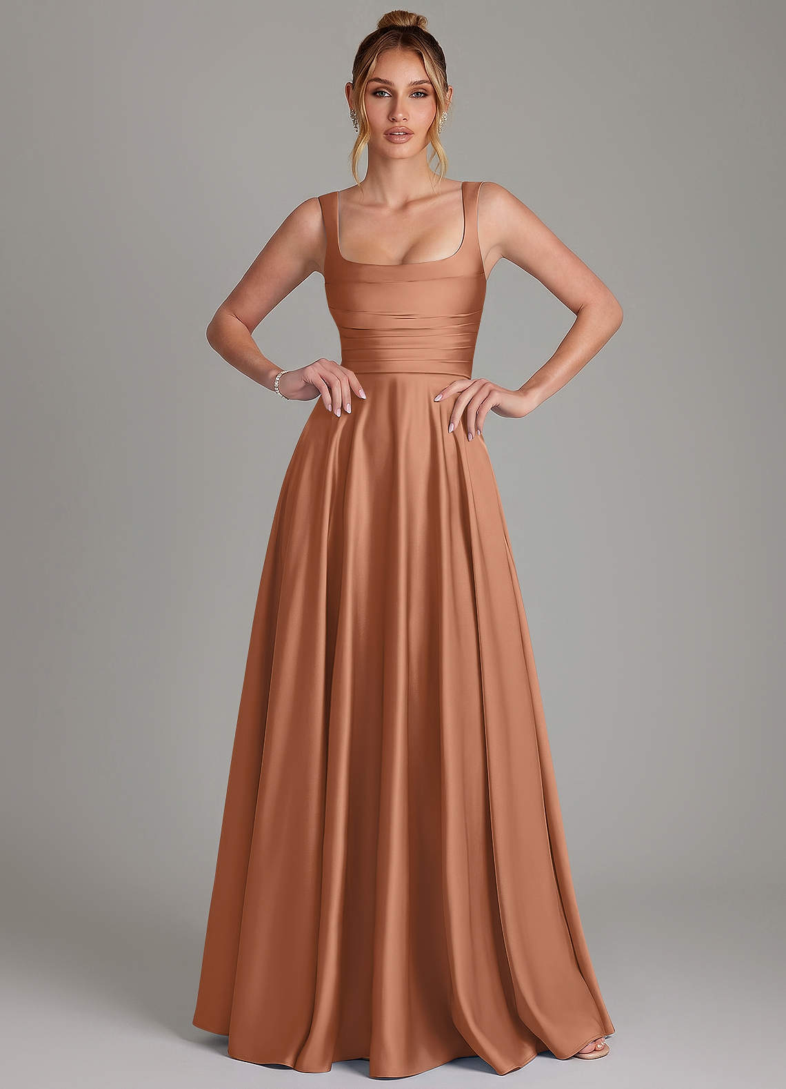 Azaria A-Line Square-Neck Stretch Satin Bridesmaid Dress in Bronzer