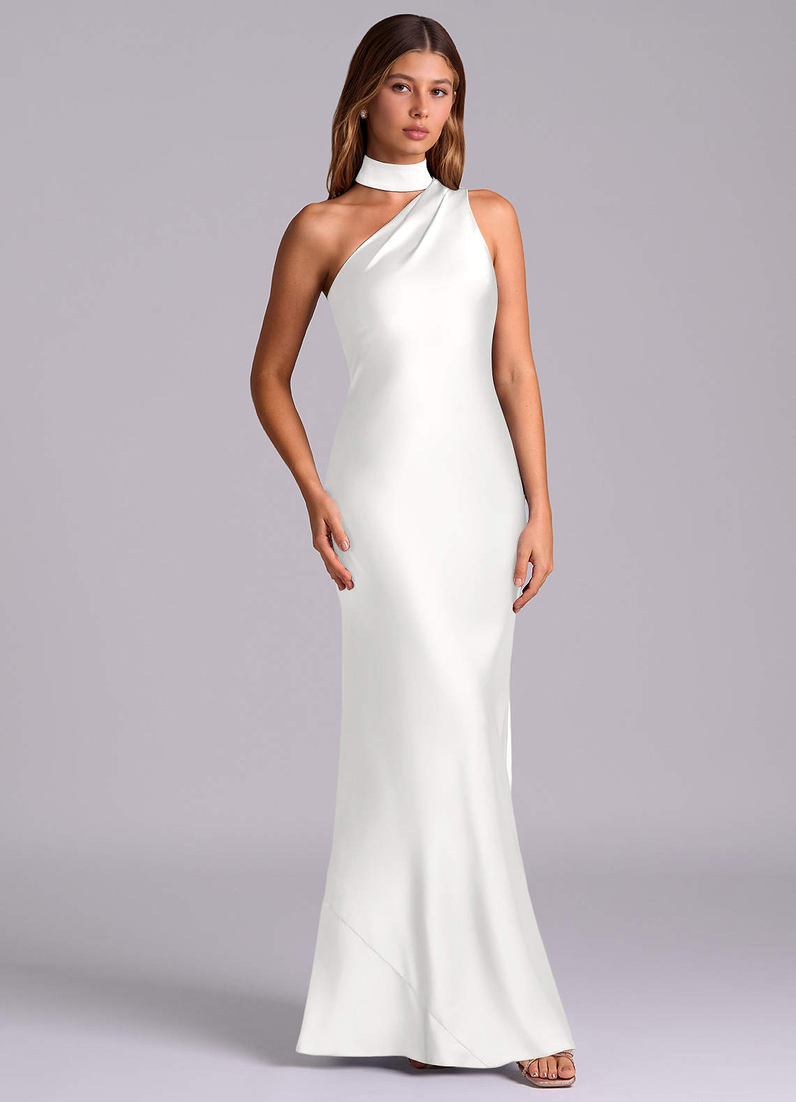 Seona Mermaid One-Shoulder Stretch Satin and Tulle Bridesmaid Dress in white