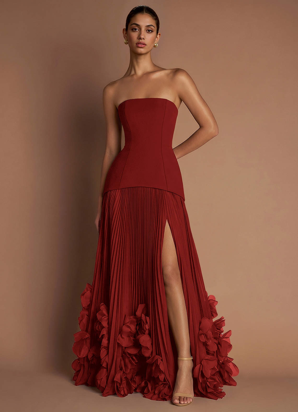 Marnie A-Line Corset Crepe Chiffon Evening Dress in Burnt Umber