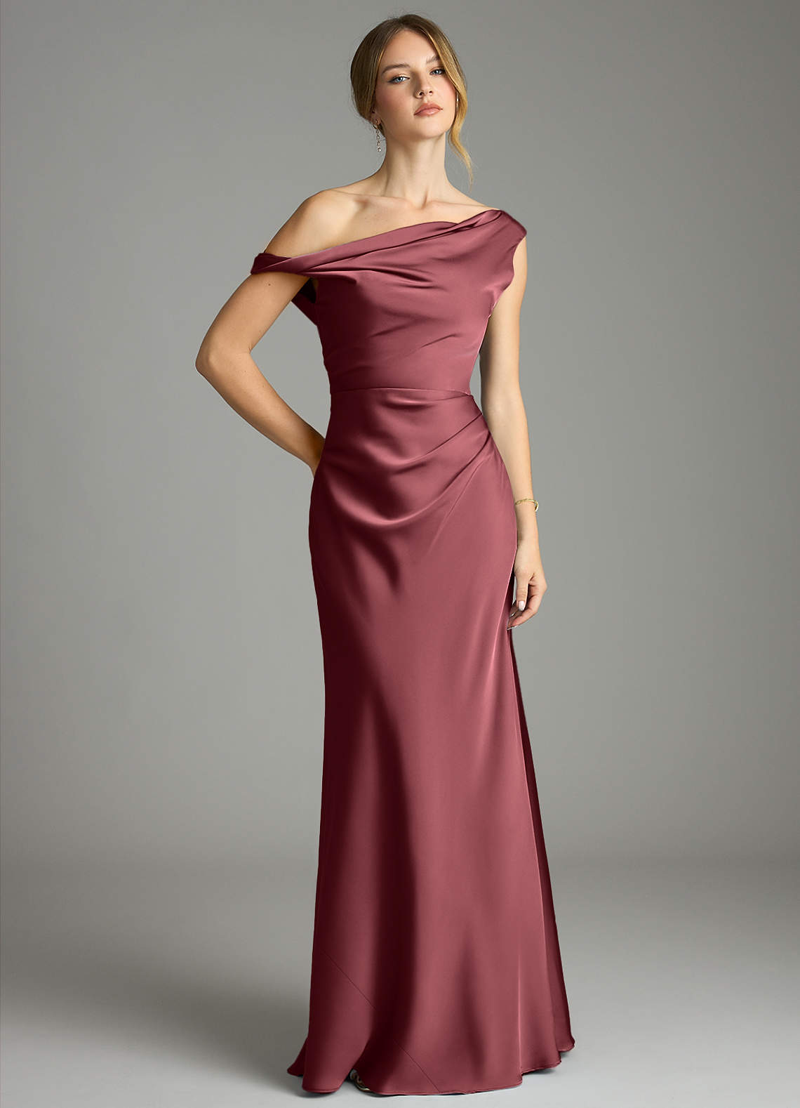 Emerson Mermaid One-Shoulder Stretch Satin Bridesmaid Dress in Merlot