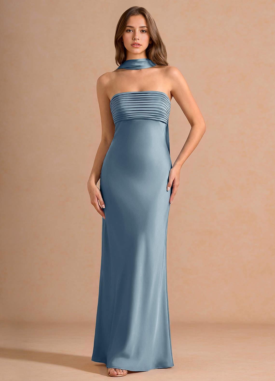 Seraphina A-Line Scarf Stretch Satin Evening Dress in Vintage Sage