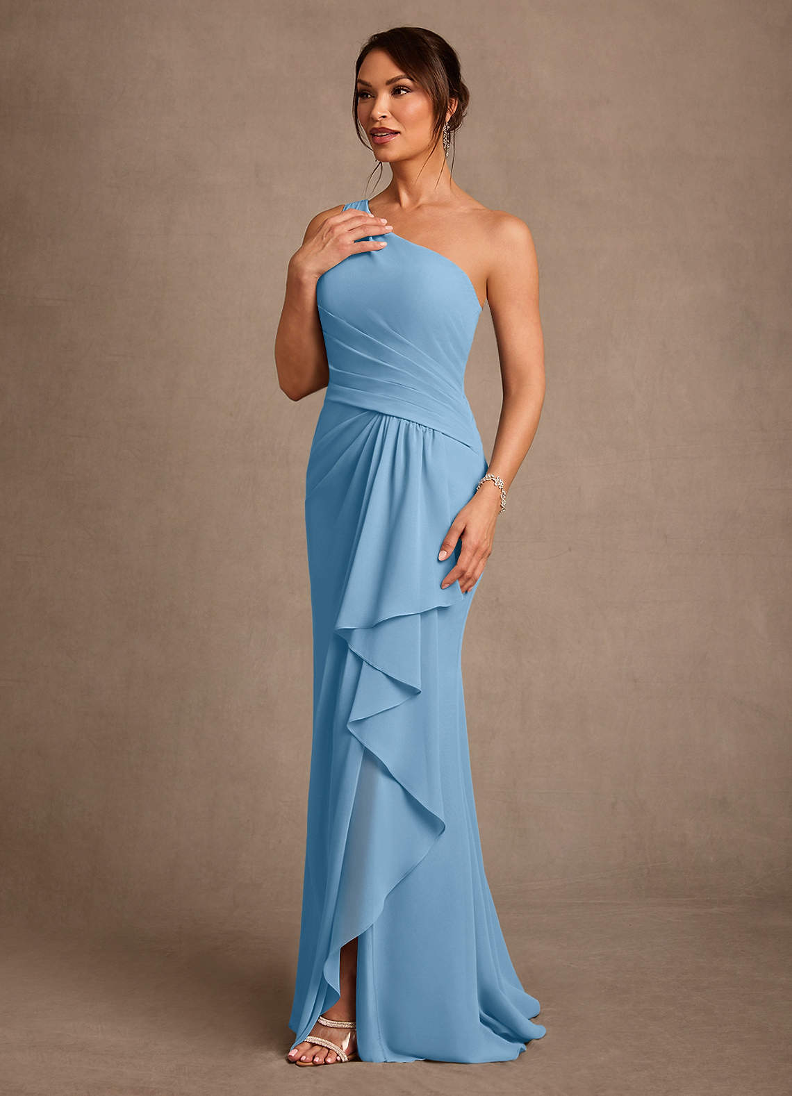 Floy Sheath One-Shoulder Chiffon Mother of the Bride Dress in Steel Blue