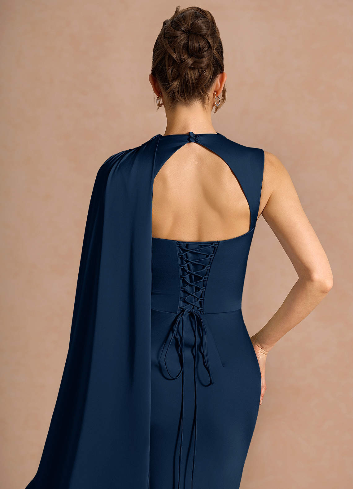 Chesney Cape-Sleeve Pleated Stretch Satin Wedding Guest Dress in Navy