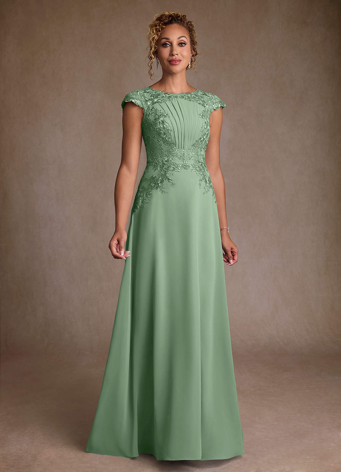 Christi A-Line Scoop-Neck Chiffon and Lace Mother of the Bride Dress in matcha
