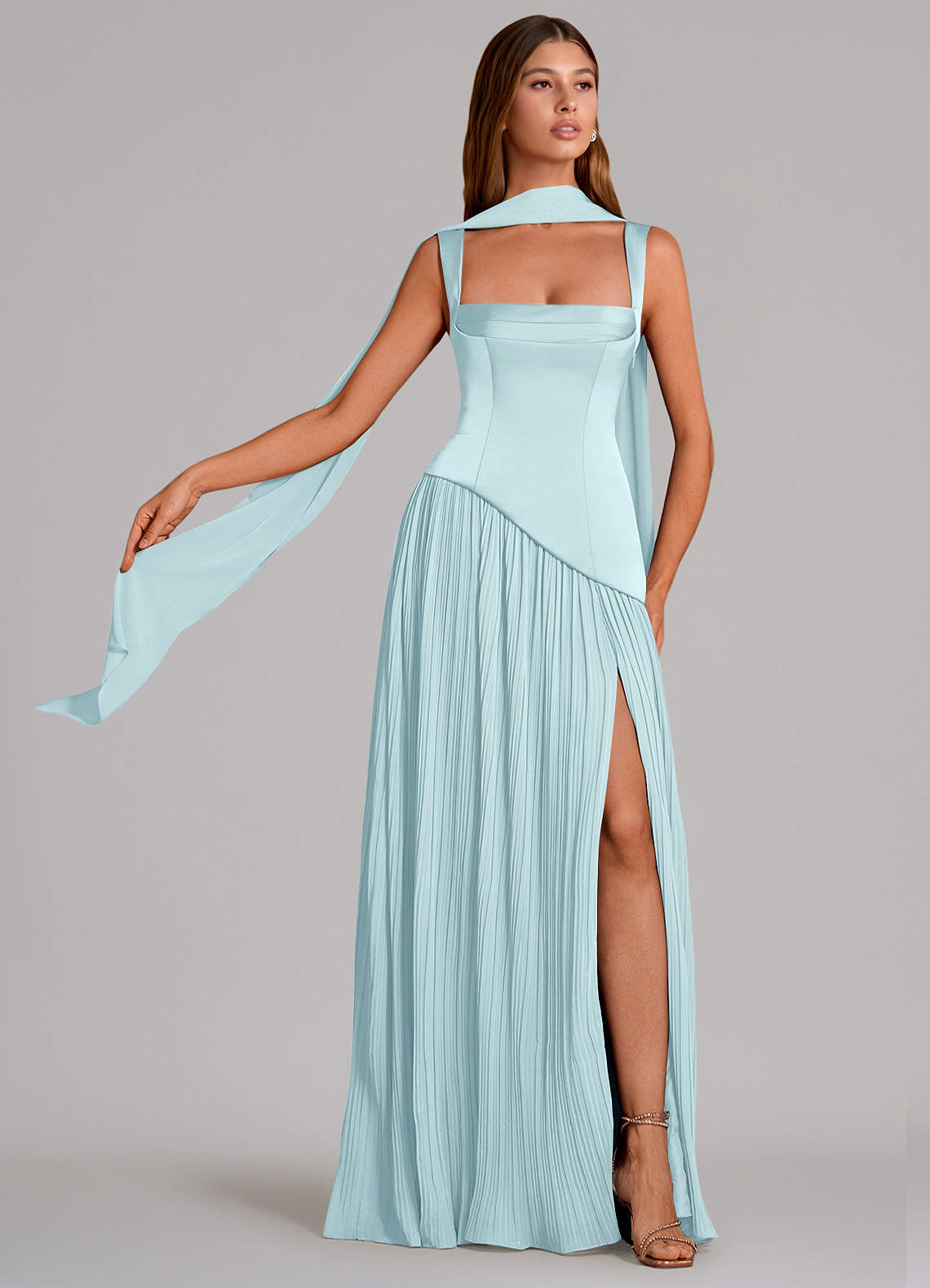 Stephanie A-Line Square-Neck Stretch Satin and Chiffon Bridesmaid Dress in Cloud Blue
