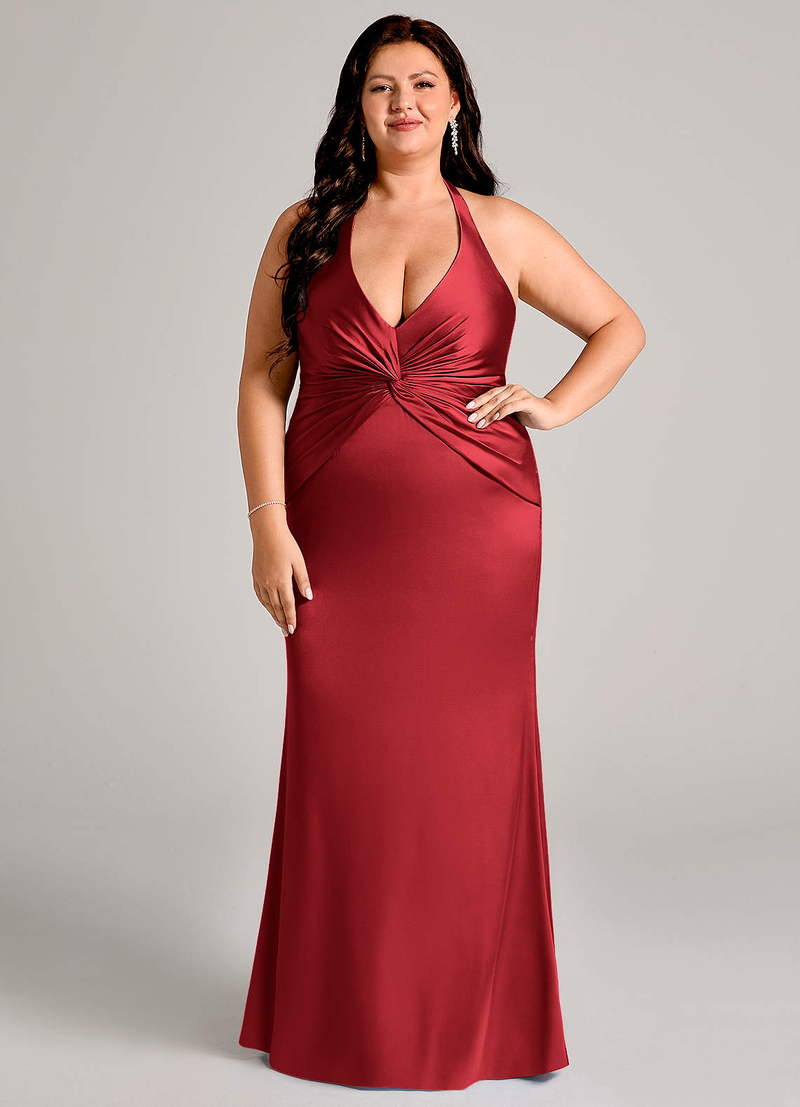 Valerie Mermaid V-Neck Stretch Satin Bridesmaid Dress in Scarlet