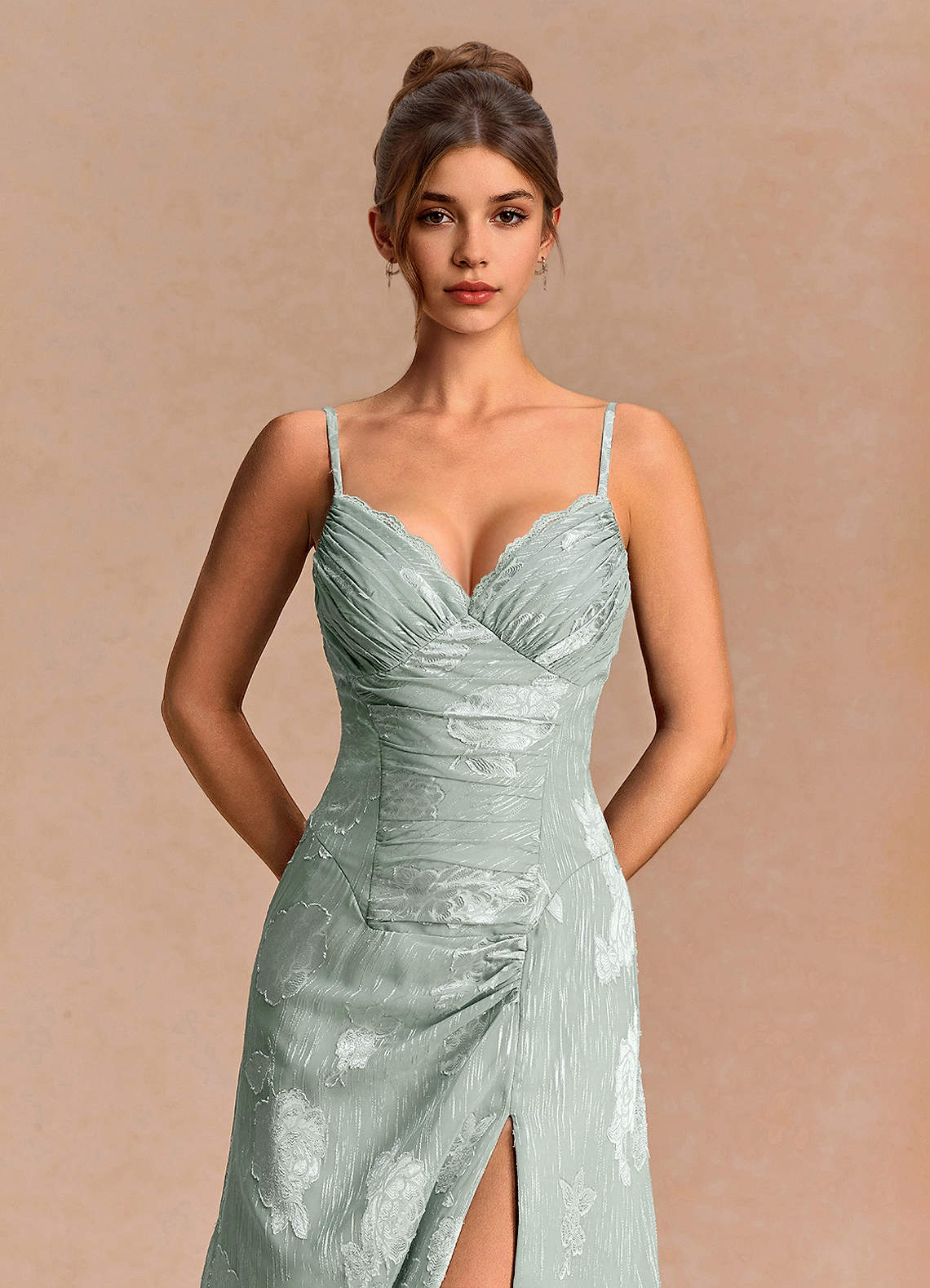 Noelle A-Line Lace-Trim Floral Burnout Evening Dress in Frosted Sage