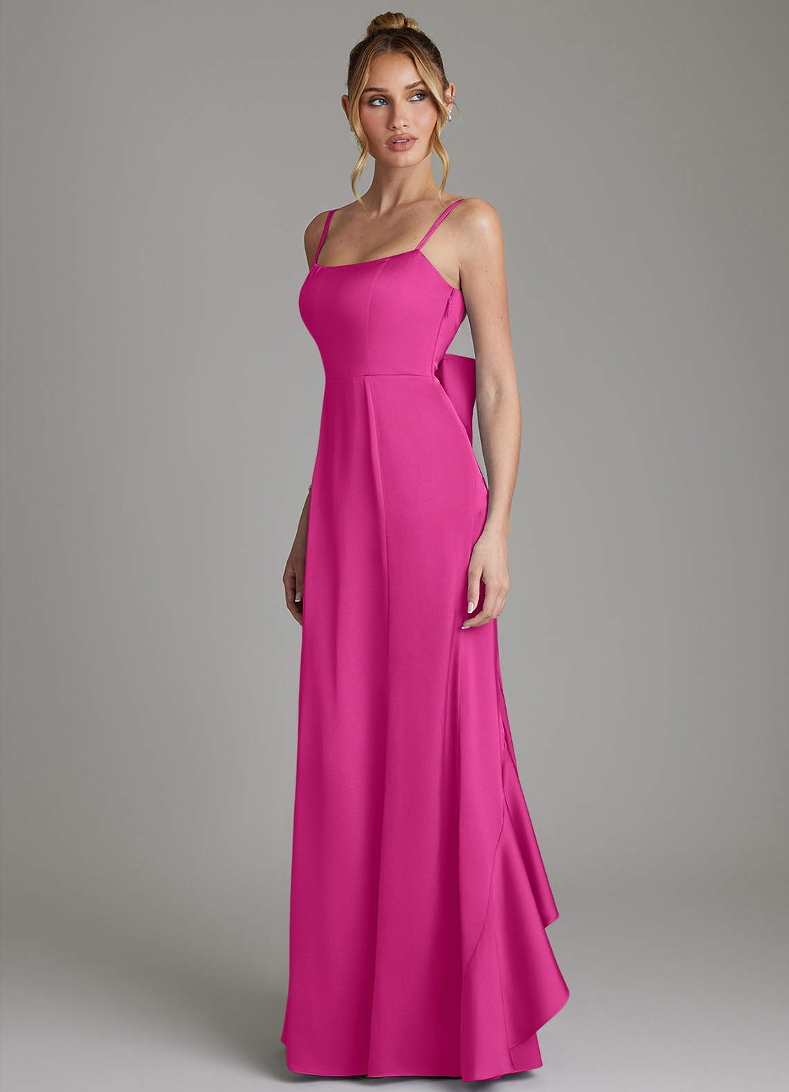 Zherra Mermaid Scoop-Neck Stretch Satin Bridesmaid Dress in Fuchsia