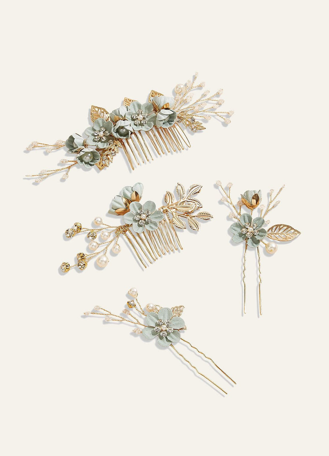 Blue Floral Hair Comb Set — Light Green — 图 1/28