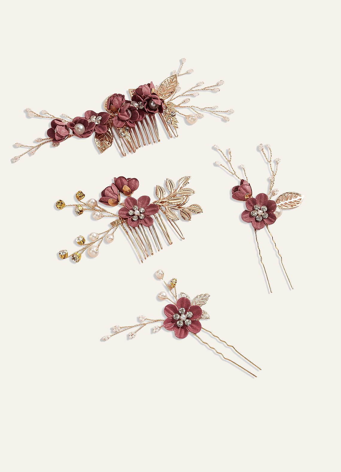 Blue Floral Hair Comb Set — Burgundy — 图 15/28