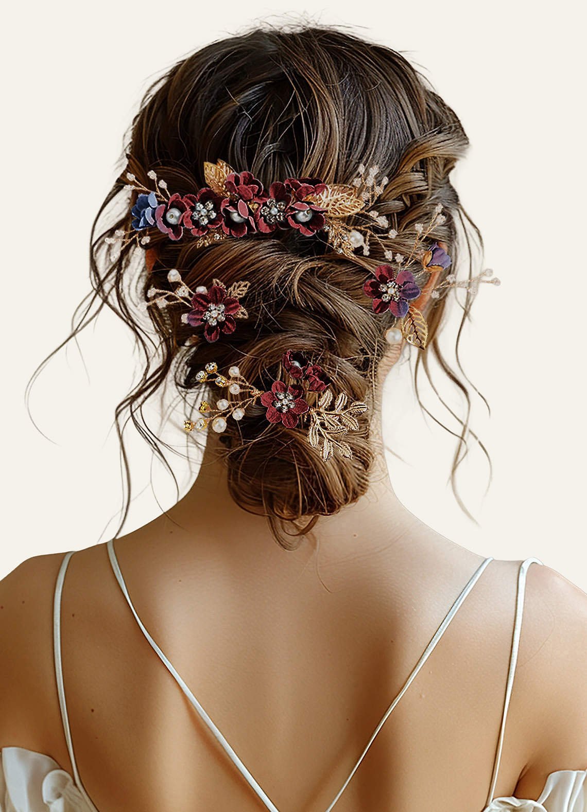 Blue Floral Hair Comb Set — Burgundy — 图 16/28