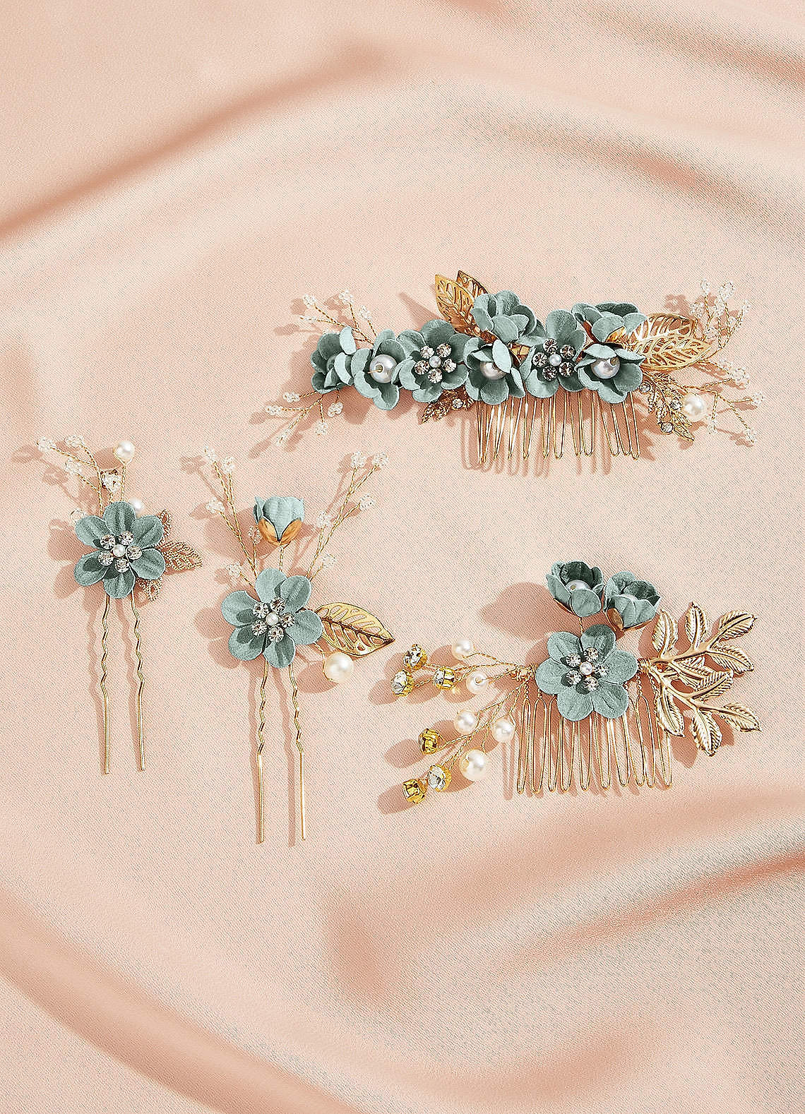 Blue Floral Hair Comb Set — Light Green — 图 3/28