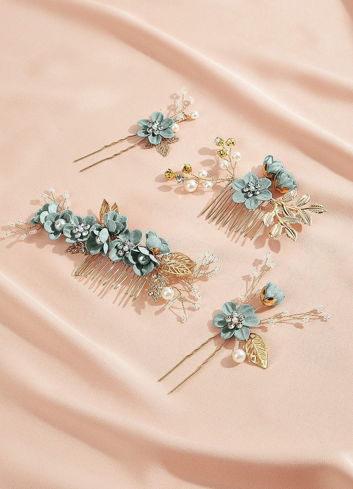 Blue Floral Hair Comb Set — Light Green — 图 4/28