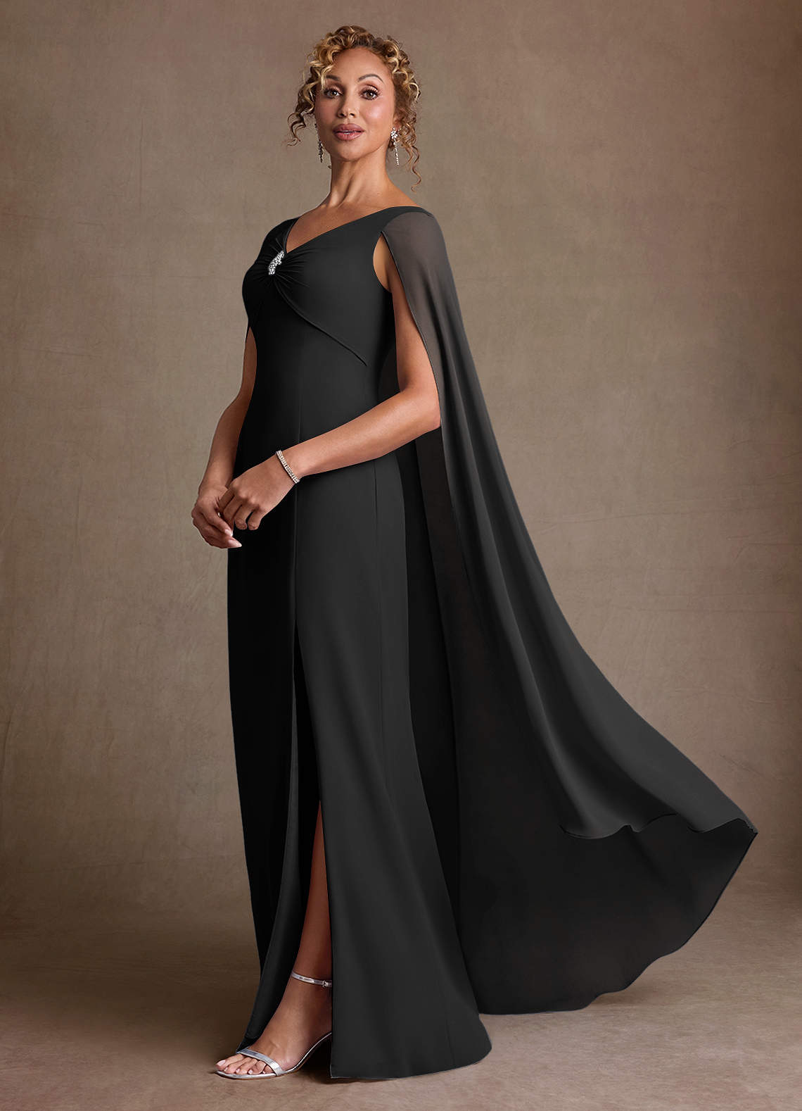 Boudica A-Line V-Neck Chiffon Mother of the Bride Dress in black