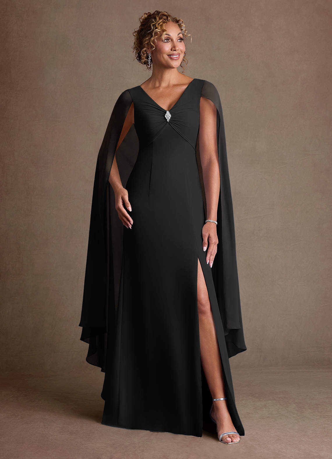 Boudica A-Line V-Neck Chiffon Mother of the Bride Dress in black