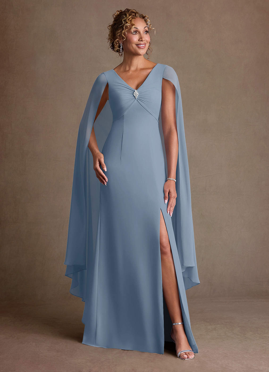 Boudica A-Line V-Neck Chiffon Mother of the Bride Dress in dusty blue