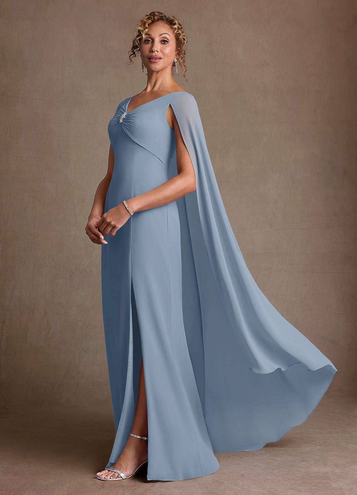 Boudica A-Line V-Neck Chiffon Mother of the Bride Dress in dusty blue
