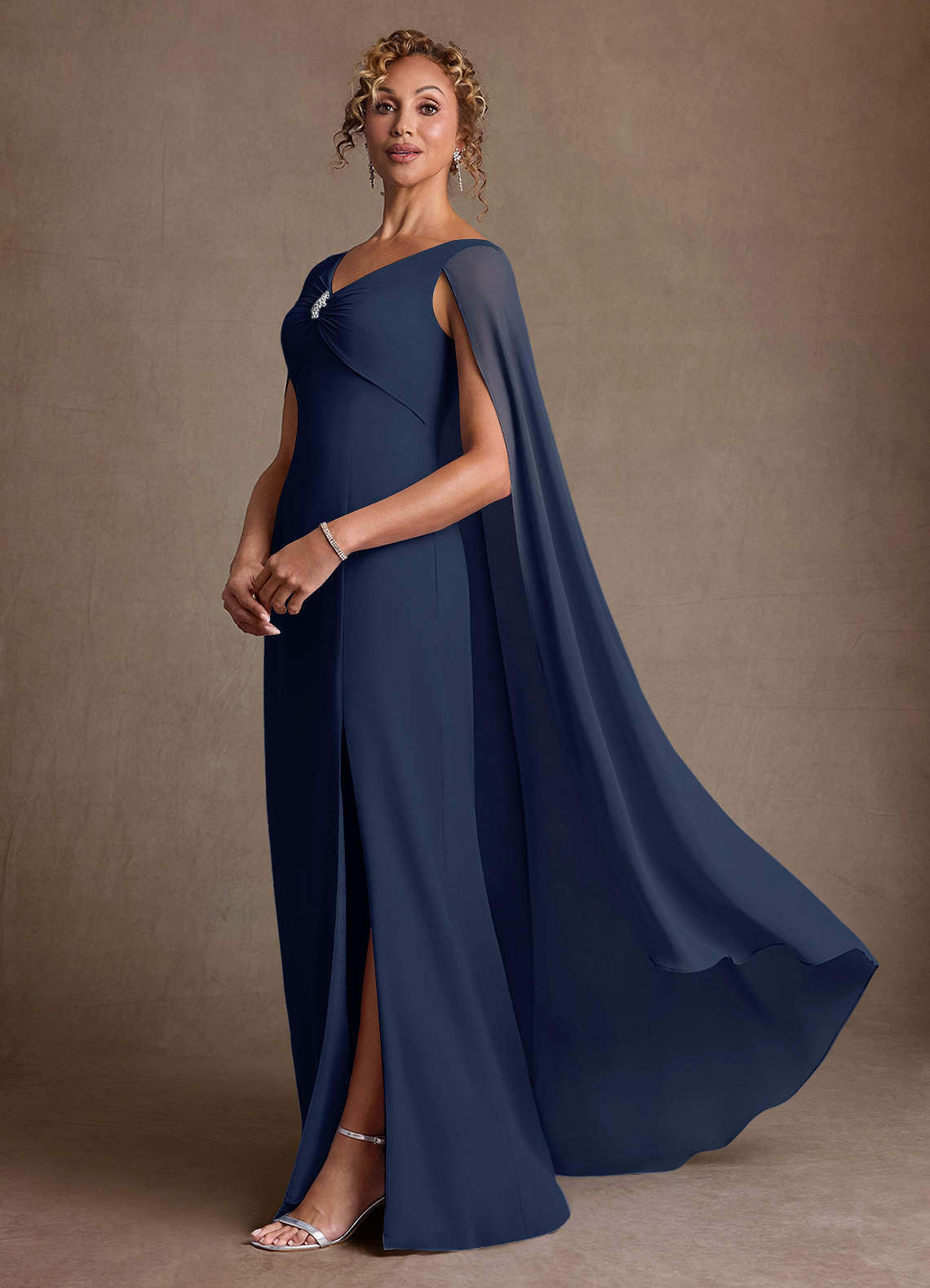 Boudica A-Line V-Neck Chiffon Mother of the Bride Dress in Dark Navy