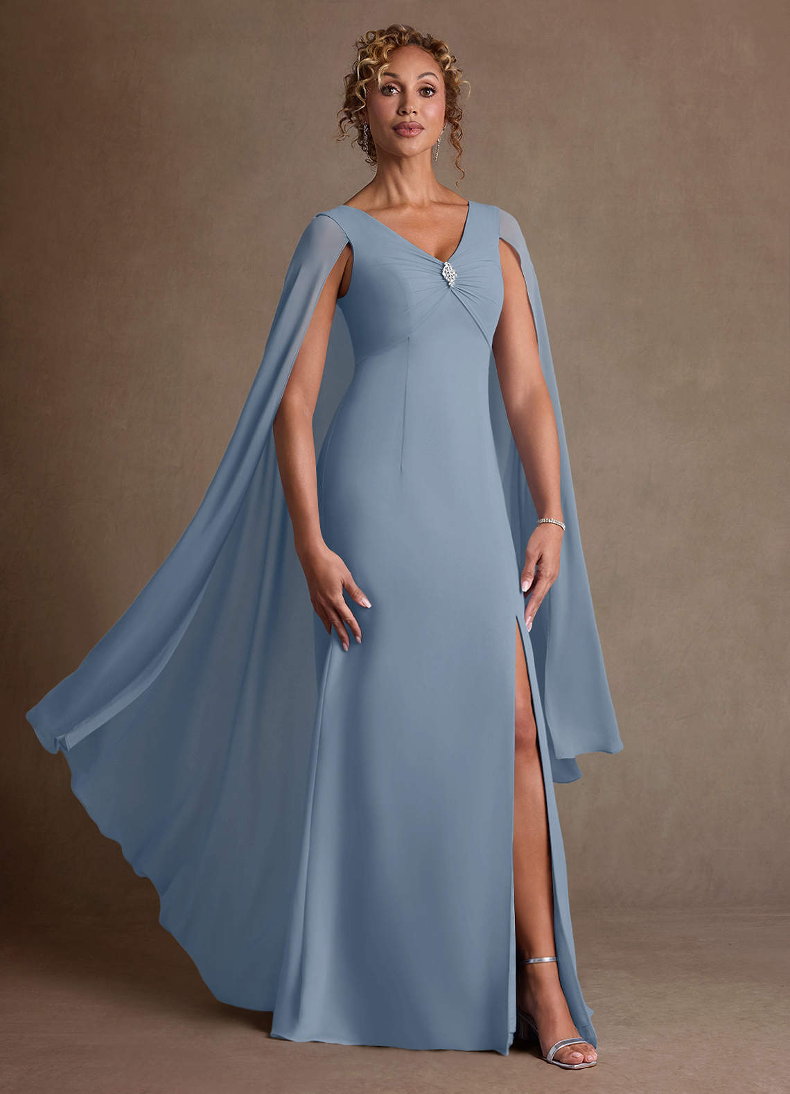 Boudica A-Line V-Neck Chiffon Mother of the Bride Dress in dusty blue