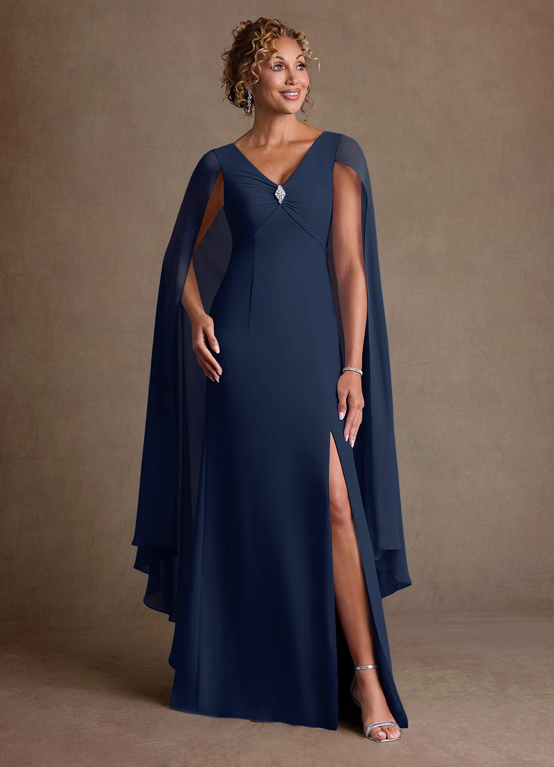 Boudica A-Line V-Neck Chiffon Mother of the Bride Dress in Dark Navy