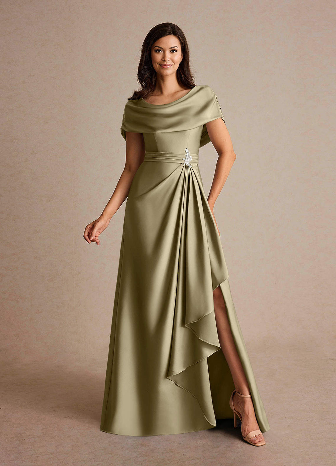 Branford A-Line Cowl-Neck Stretch Satin Mother of the Bride Dress in Moss Green