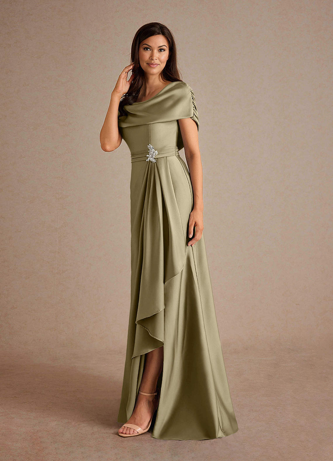 Branford A-Line Cowl-Neck Stretch Satin Mother of the Bride Dress in Moss Green
