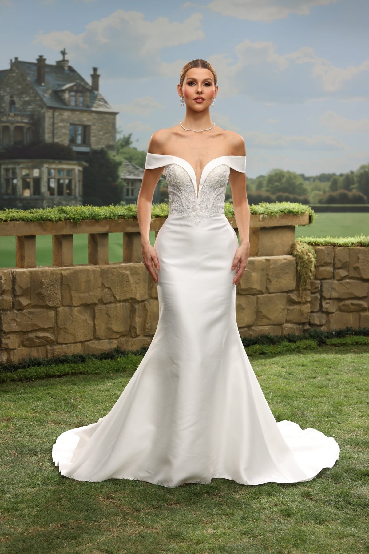 Bria Mermaid Off-the-Shoulder Plunging V-Neck wedding dress — front view