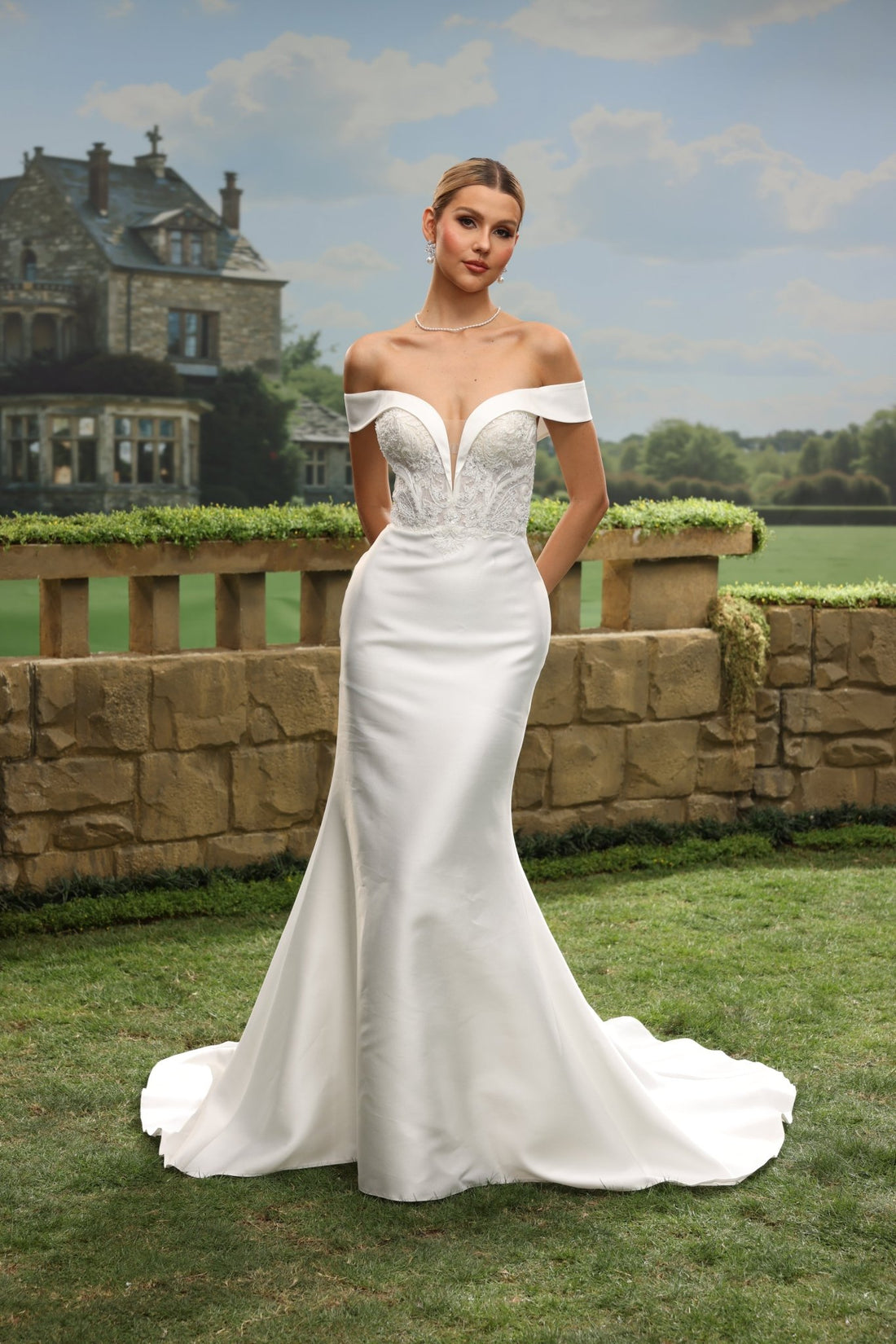 Bria Mermaid Off-the-Shoulder Plunging V-Neck wedding dress — front view
