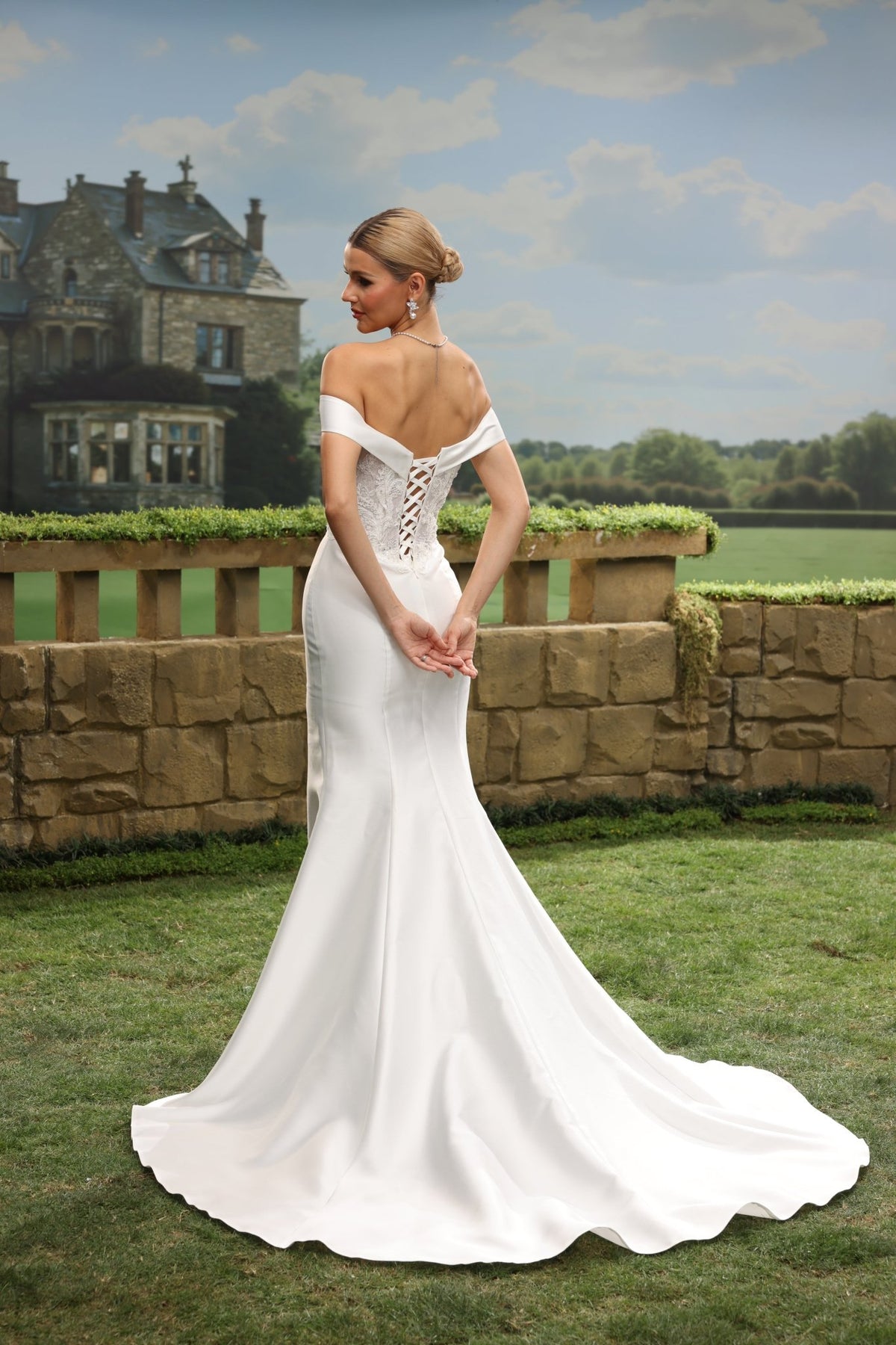 Bria Mermaid Off-the-Shoulder Plunging V-Neck wedding dress — back view