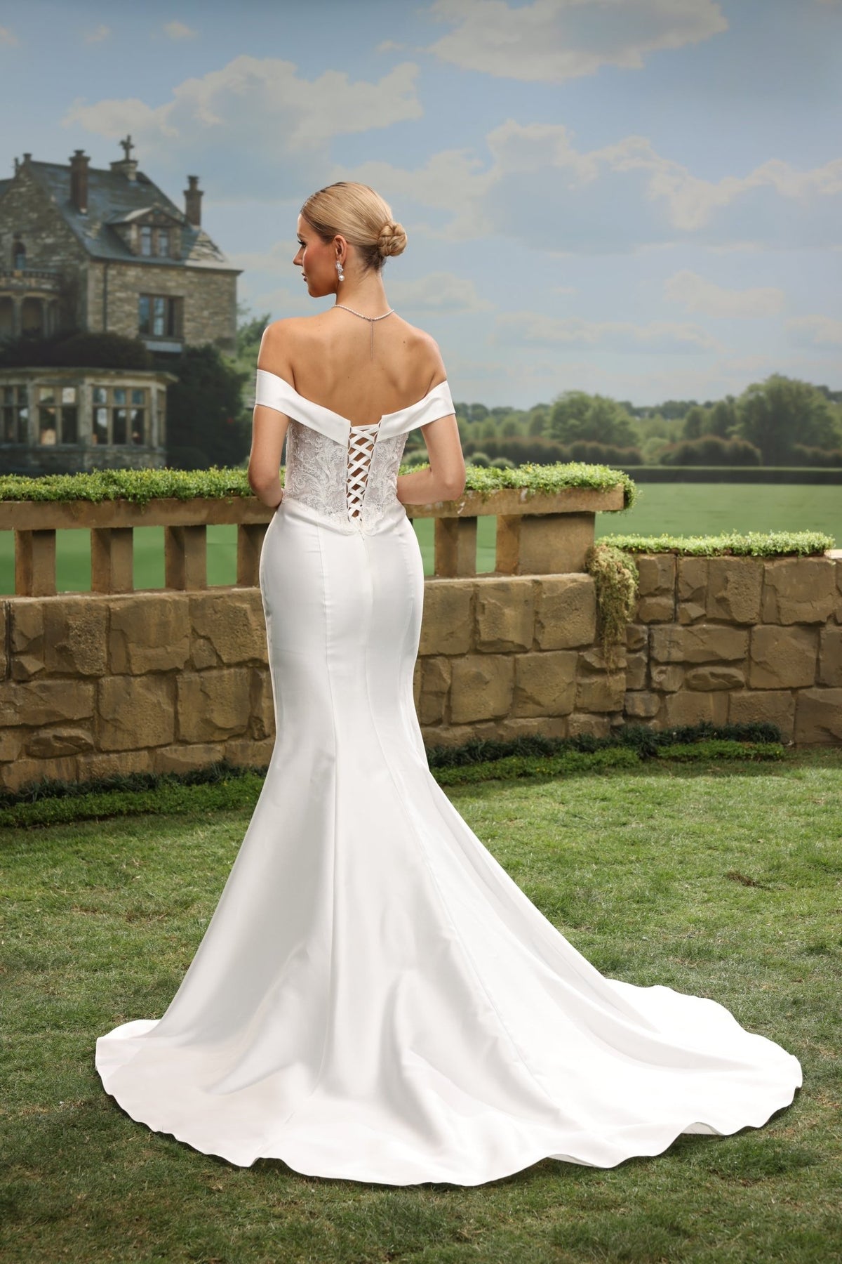 Bria Mermaid Off-the-Shoulder Plunging V-Neck wedding dress — back view
