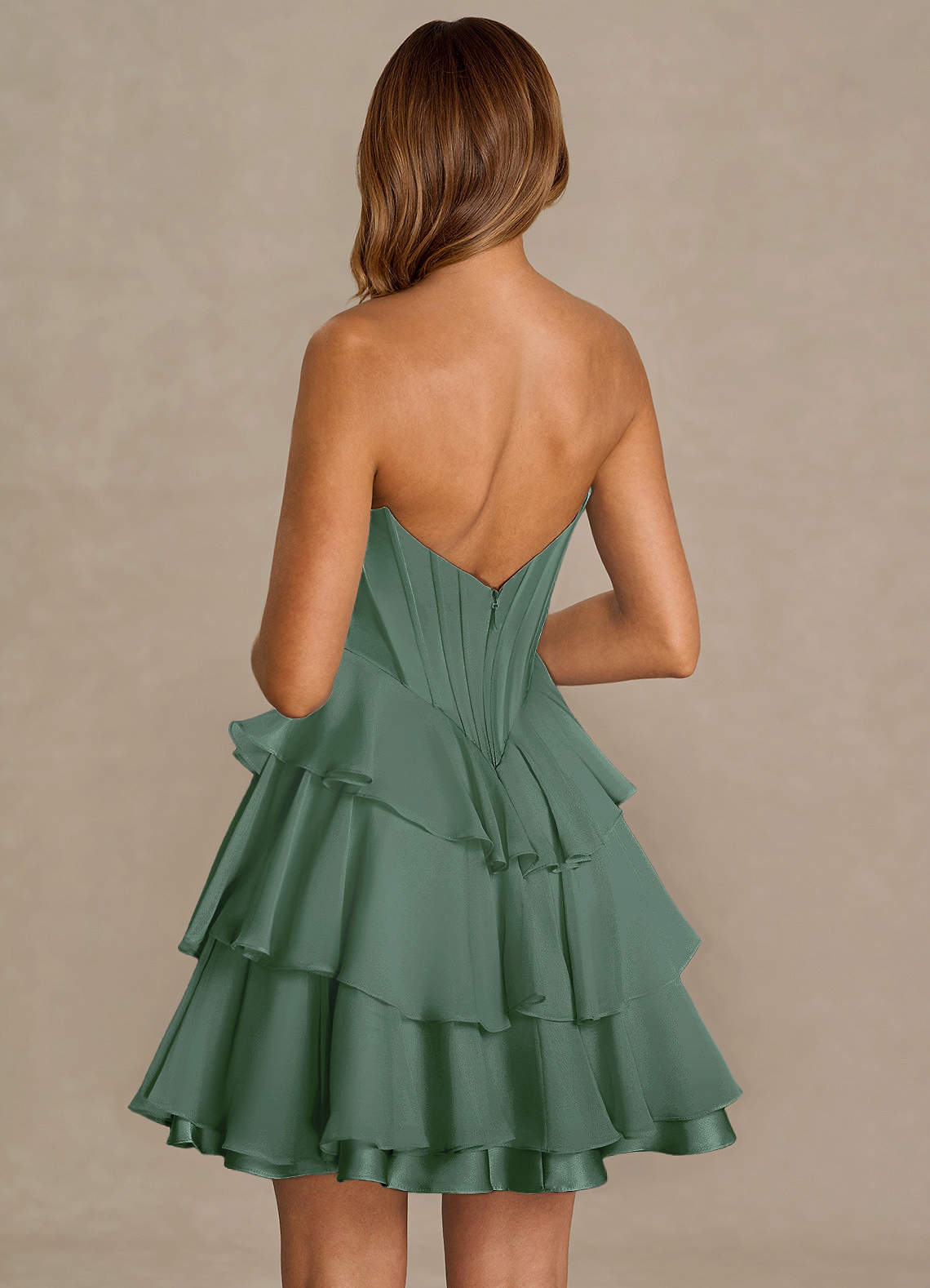 Brinley A-Line Mini Corset Satin Chiffon Prom Dress in eucalyptus