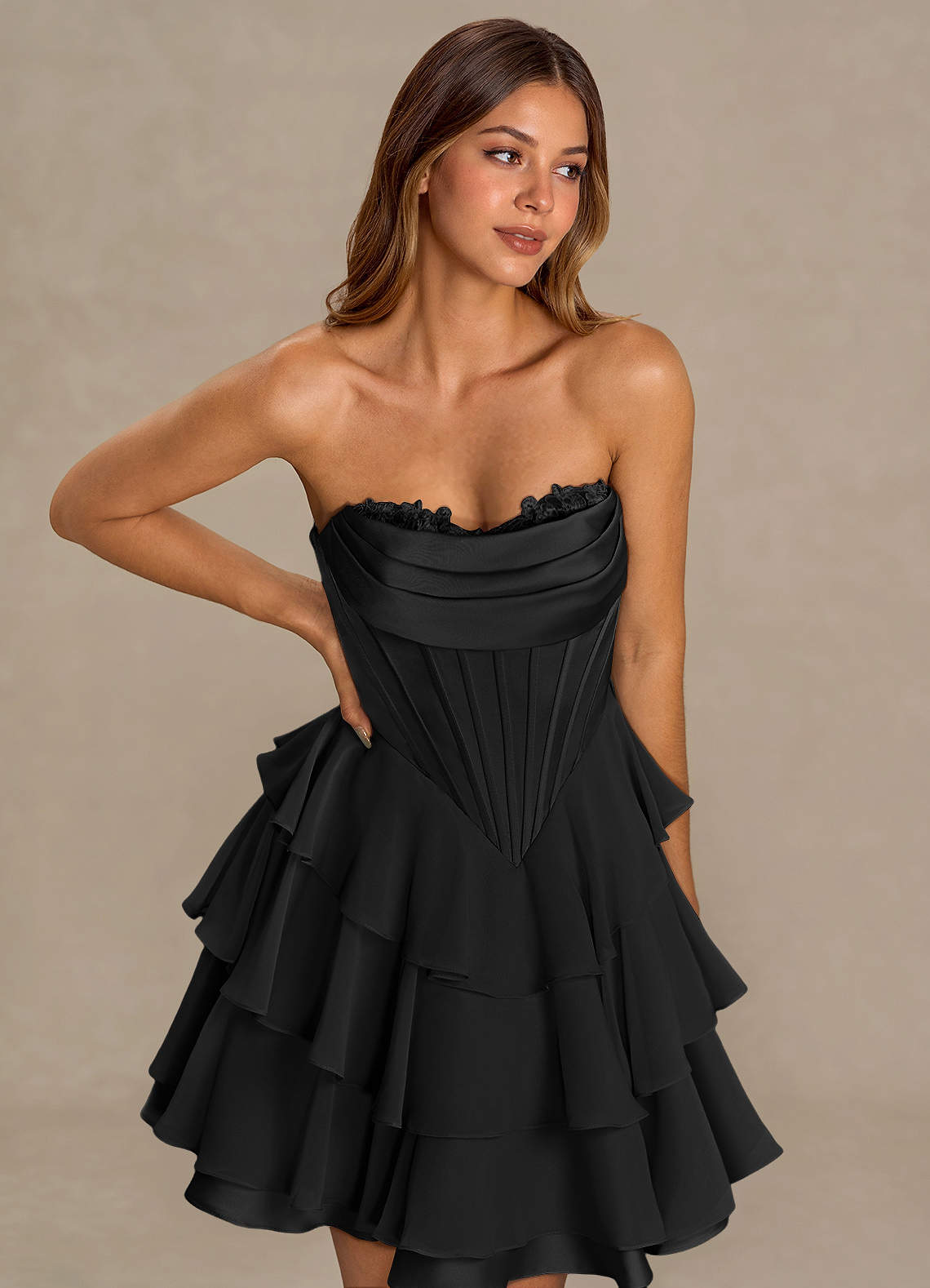 Brinley A-Line Mini Corset Satin Chiffon Prom Dress in black